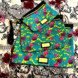 Betsey Johnson RARE turquoise floral purpl pink & green 3 piece travel pouch set